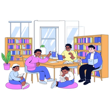 A community library with tall shelves filled with colorful books. Several people are sitting at wooden tables, each focused on their own studies. A woman with glasses is reading a large book, while a young man is taking notes on a notepad. A child is quietly looking through a picture book on a nearby floor cushion. Soft light streams in through large windows, illuminating the peaceful atmosphere. A potted plant sits in the corner, adding a touch of greenery.