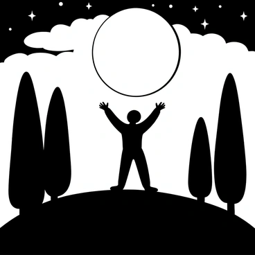 A silhouette of a person standing on a hilltop with arms raised towards a full moon. The full moon is large and bright, casting its light over the scene. Surrounding the hilltop are tall, dark trees, their outlines stark against the night sky. The landscape features a gentle slope leading down from the hilltop, enhancing the height of the figure. The clouds are subtly drifting in the night sky, creating a dynamic backdrop to the moon.