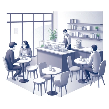 A cozy café interior filled with round wooden tables and mismatched chairs. Several patrons are seated, engaging in conversations while sipping hot beverages. A barista is behind the counter, preparing drinks with a focused expression. Display cases hold an array of pastries, including croissants and muffins. The walls are decorated with shelves filled with books and plants, creating a homely atmosphere. Natural light pours in through large windows, illuminating the scene and enhancing the welcoming feel of the café.