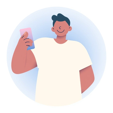 A person with light skin and short black hair is holding a smartphone at arm's length, taking a selfie. They are wearing a plain white T-shirt. The background is a soft, pale blue gradient, providing a simple and unobtrusive setting. The person's expression is cheerful as they smile at the camera.