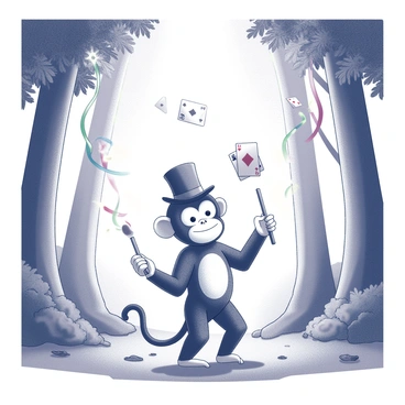 A monkey standing on its hind legs in a lush forest, holding a magic wand in one hand. The monkey is adorned with a small top hat perched jauntily on its head. Around the monkey, various magical objects float in mid-air, including playing cards and colorful ribbons. The backdrop features tall trees with dense foliage, and scattered beams of light break through the leaves, illuminating the scene. The ground is covered with soft moss and scattered leaves, adding to the forest ambiance.