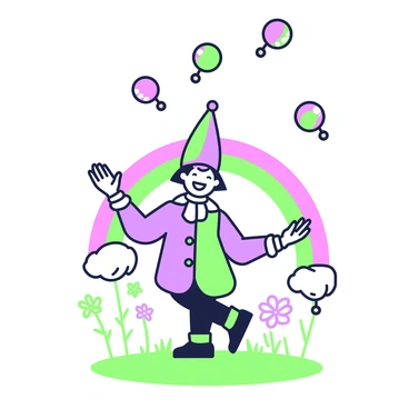 A jester with a multicolored costume is emerging from a rainbow. The rainbow arcs above him, with its vivid bands forming a backdrop. The jester is smiling broadly, showcasing a playful demeanor. He is juggling three orbs in the air, each orb reflecting a variety of colors. His pointed hat has small bells that dangle and sway as he moves. The ground beneath his feet is a subtle texture, suggesting a grassy area, and faint outlines of whimsical flowers can be seen in the background.
