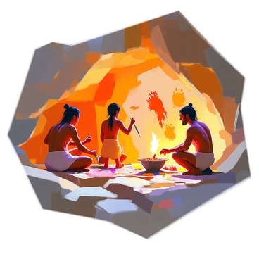 A prehistoric scene depicting a tribe gathered inside a cave, illuminated by the flickering light of torches. The walls of the cave are adorned with intricate cave paintings of animals, handprints, and geometric shapes. Several tribe members are actively engaged in the painting process, using natural pigments. One individual, with dark hair tied back, stands on a small ledge, carefully applying red ochre to the wall. Another person, crouched nearby, is mixing colors using crushed minerals. The ambiance is warm and dynamic, with shadows dancing across the rough stone surfaces, highlighting the focus and creativity of the tribe as they communicate their stories through art.