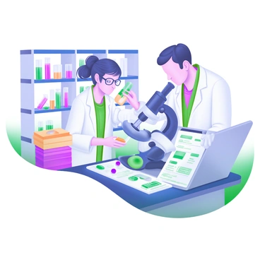 A modern pastel illustration depicting two scientists in a research lab. One scientist, a woman with glasses and a lab coat, is carefully pouring a bright green liquid from a test tube into a microscope. The other scientist, a man with short hair and wearing gloves, is examining samples under a microscope with a focused expression. Surrounding them are various test tubes filled with colorful liquids, a stack of research papers, and an open laptop displaying data. The lab is filled with shelves of scientific equipment and books.