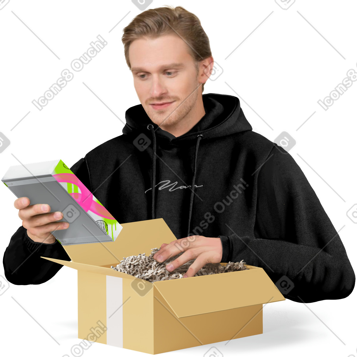 Jumble スタイルの 箱を持つ男 のイラストをPNG、SVG形式でダウンロード
