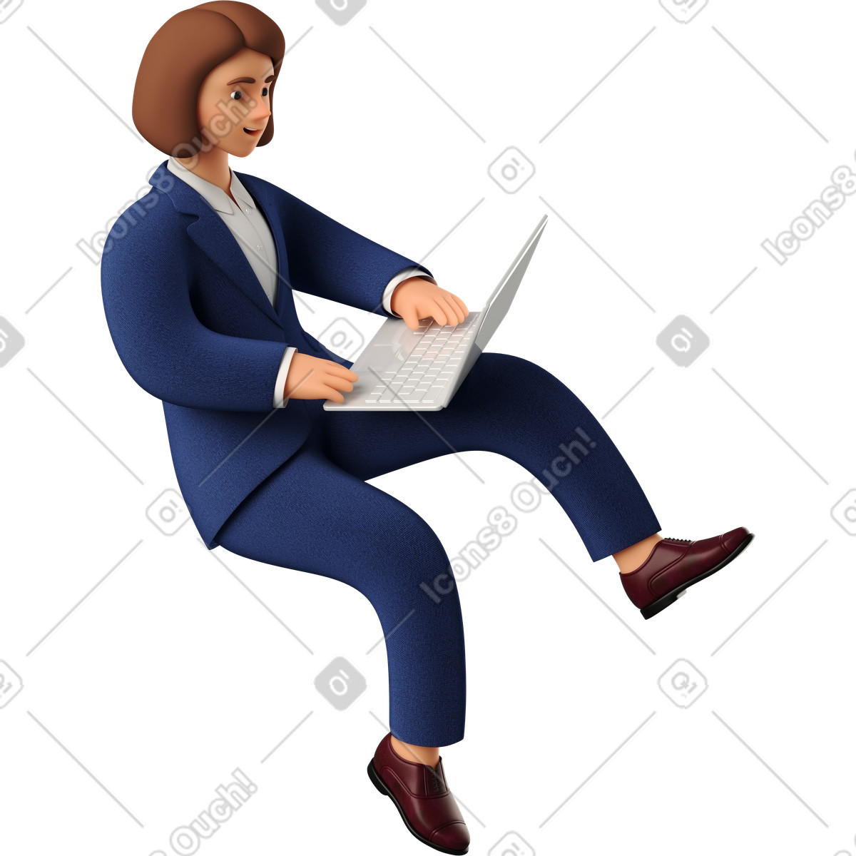 Seated businesswoman in blue suit with laptop illustration 3D Business style download PNG, SVG
