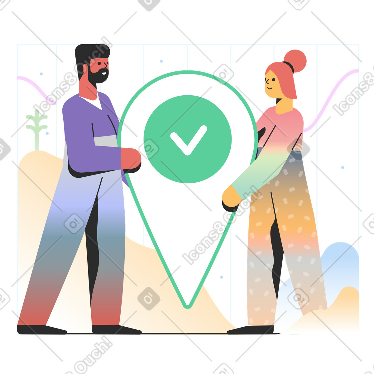 Couple holding map pin with checkmark, Location access approval and geolocation illustrazione animata in stile Marginalia scaricabile in GIF, Lottie (JSON), AE