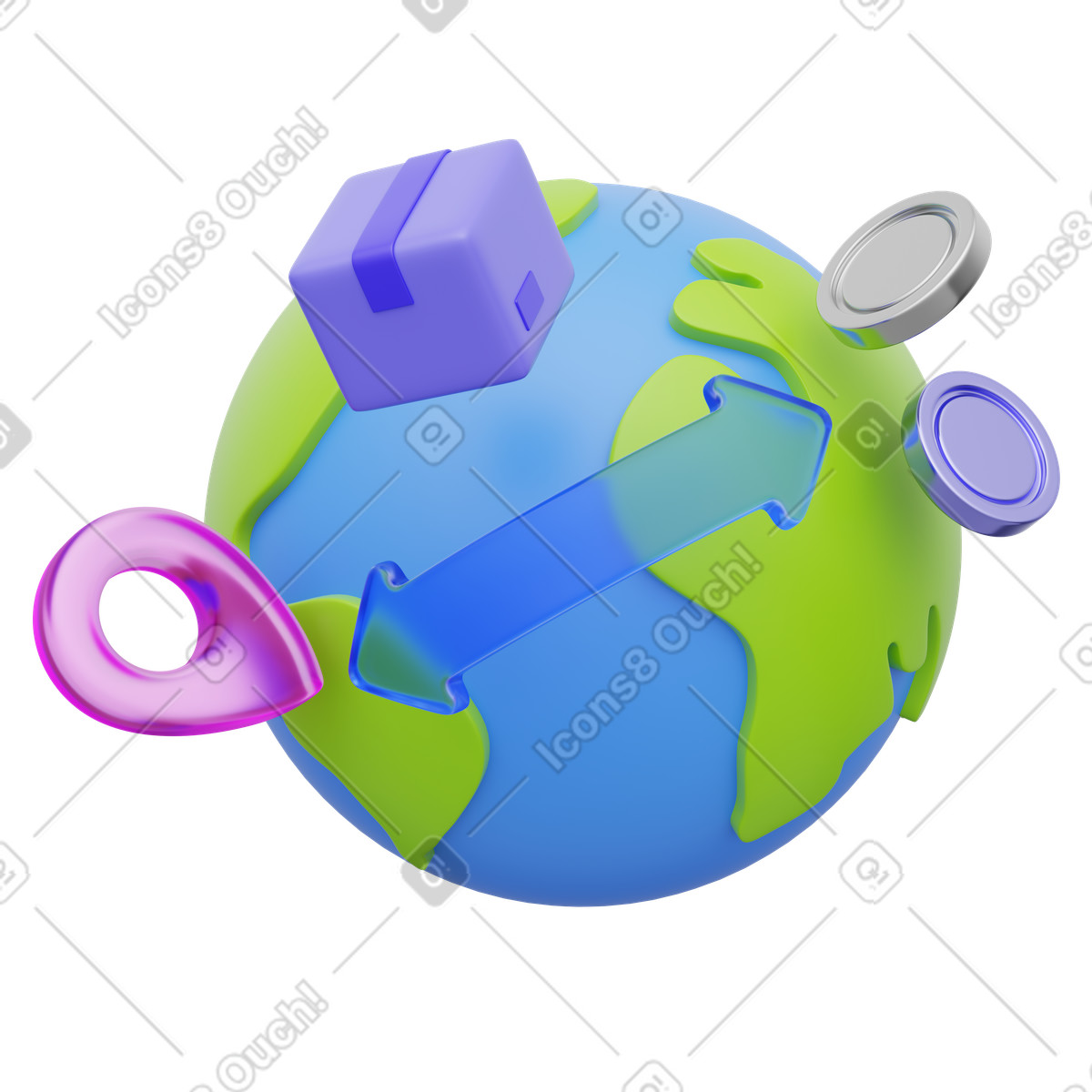 Global delivery, World shipping concept, International logistics illustration in 3D Playful style download in PNG, SVG
