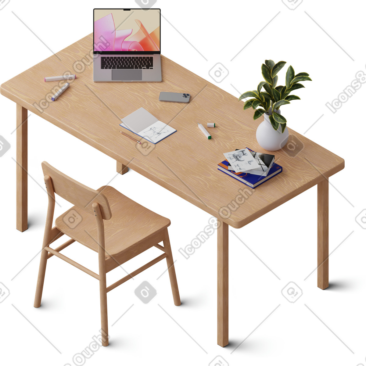 Illustration Vue isométrique du bureau avec ordinateur portable, livres et croquis de chaise dans le style 3D Hygge à télécharger aux formats PNG, SVG