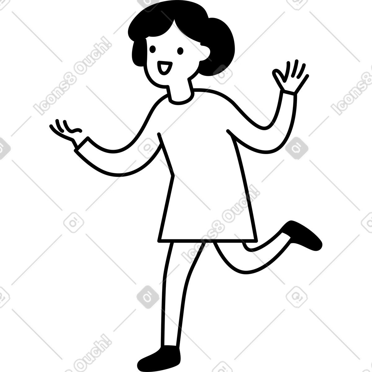 Character dancing happily with raised hands and one leg lifted-Illustration im Notion Line Art-Stil als Download in PNG, SVG