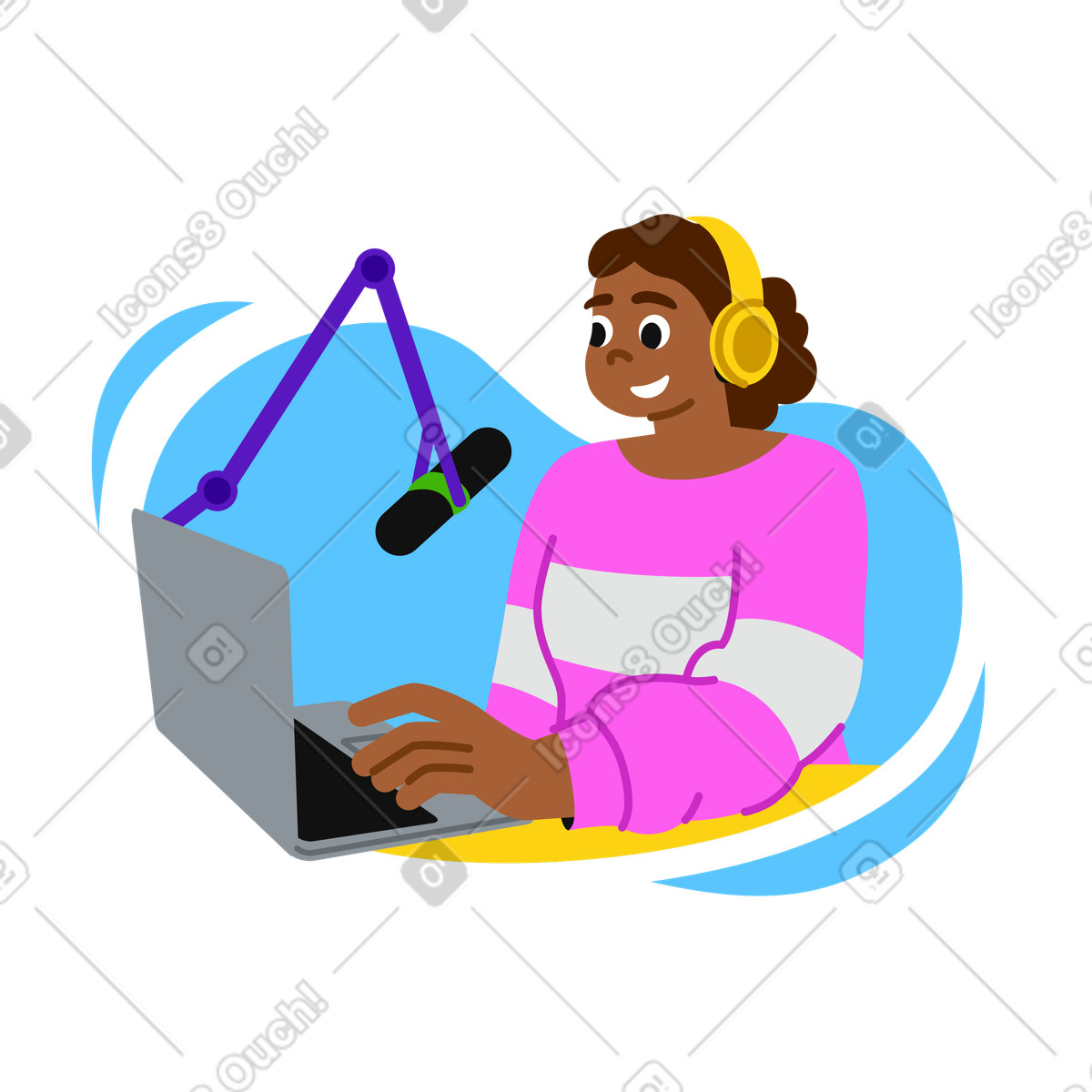 Ilustración animada Mujer con auriculares grabando un podcast en estilo Active a descargar en GIF, Lottie (JSON), AE