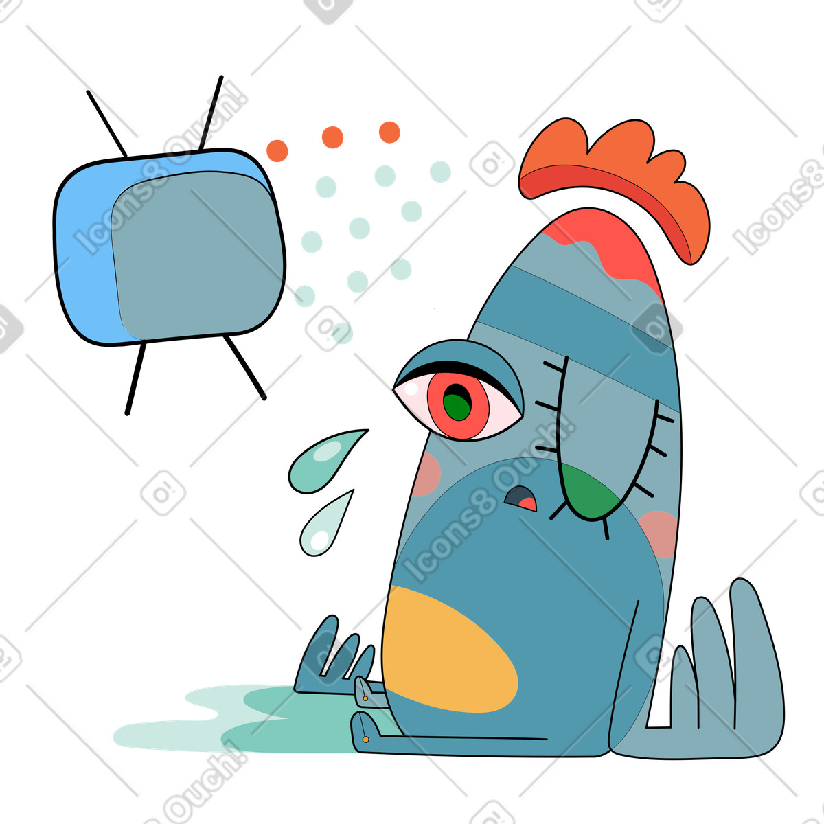 Surr 스타일의 Tv 앞에 앉아 울고 있는 캐릭터 일러스트레이션 PNG, SVG 다운로드