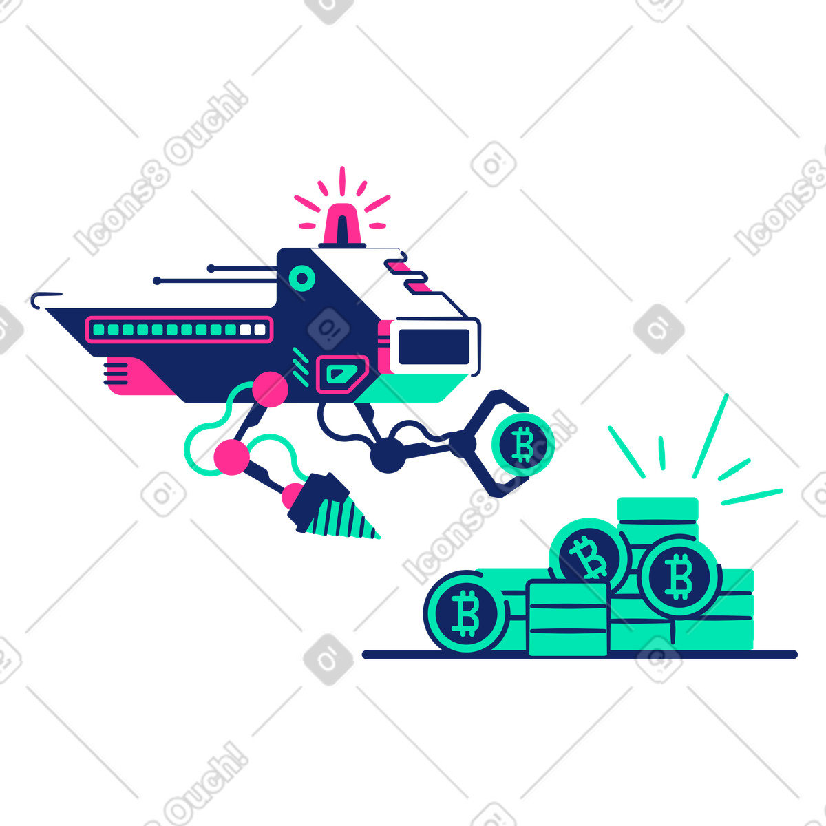 Robot che esegue il mining automatico di bitcoin illustrazione in stile Cyborg scarica in PNG, SVG