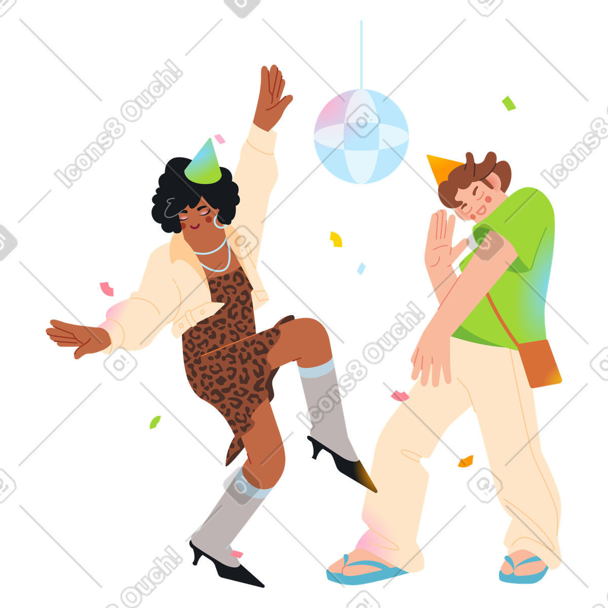 Illustration Colorful party with confetti and dancing, Fun entertainment dans le style Fizzy à télécharger aux formats PNG, SVG