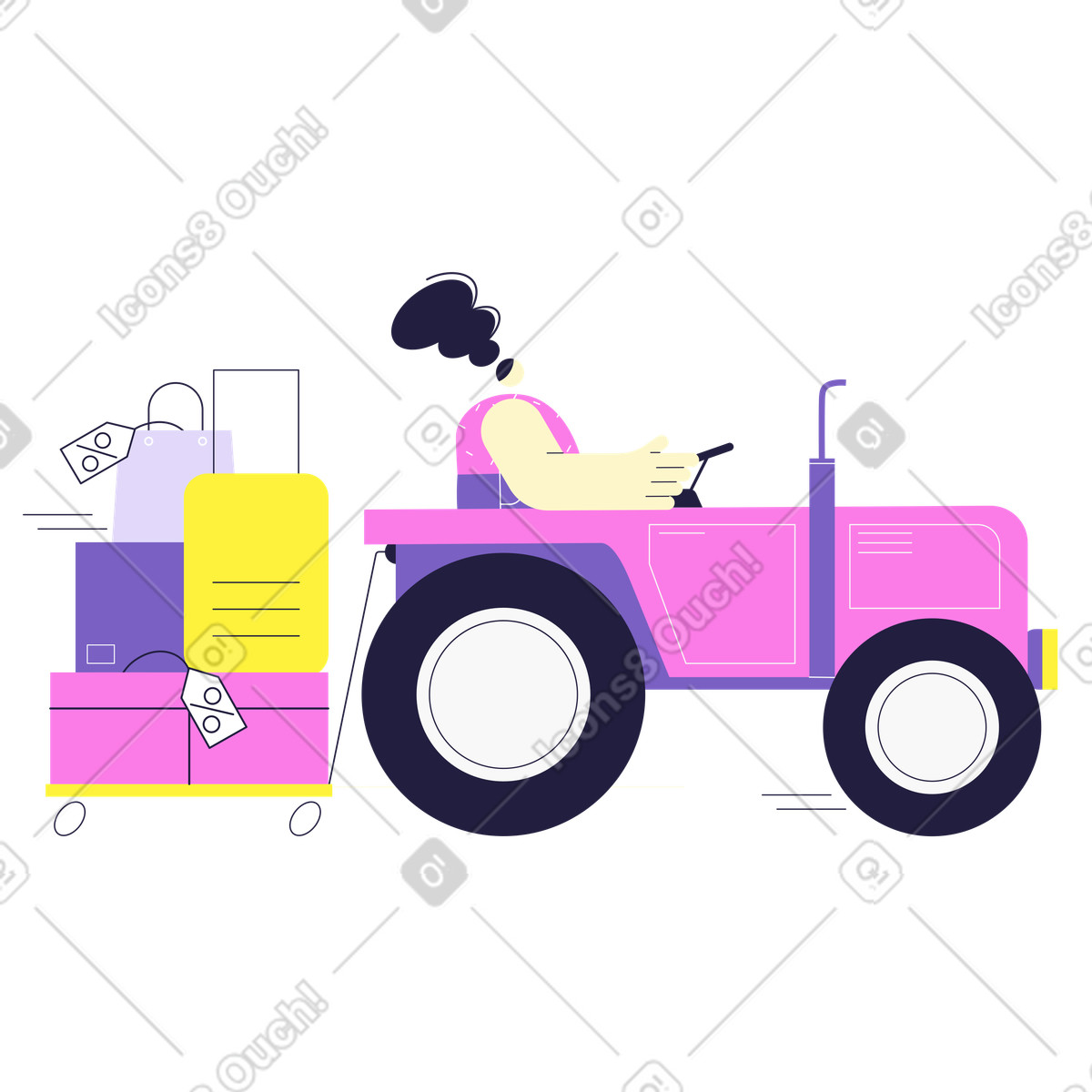 Illustration Une femme conduit un tracteur avec remorque pleine d'achats du black friday dans le style Mellow à télécharger aux formats PNG, SVG