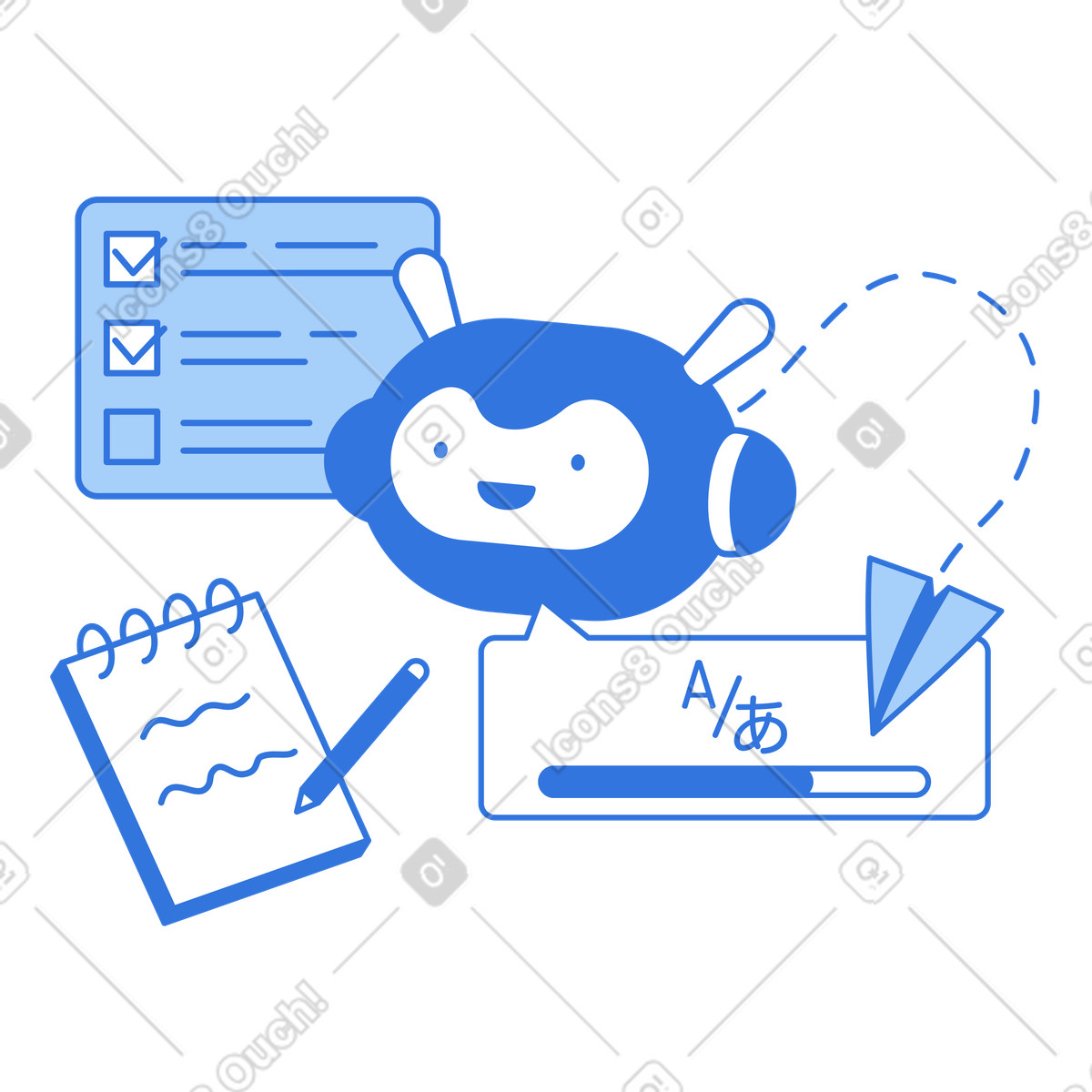 Virtual assistant organizing tasks and translating text, AI-powered task automation illustration in PNG, SVG