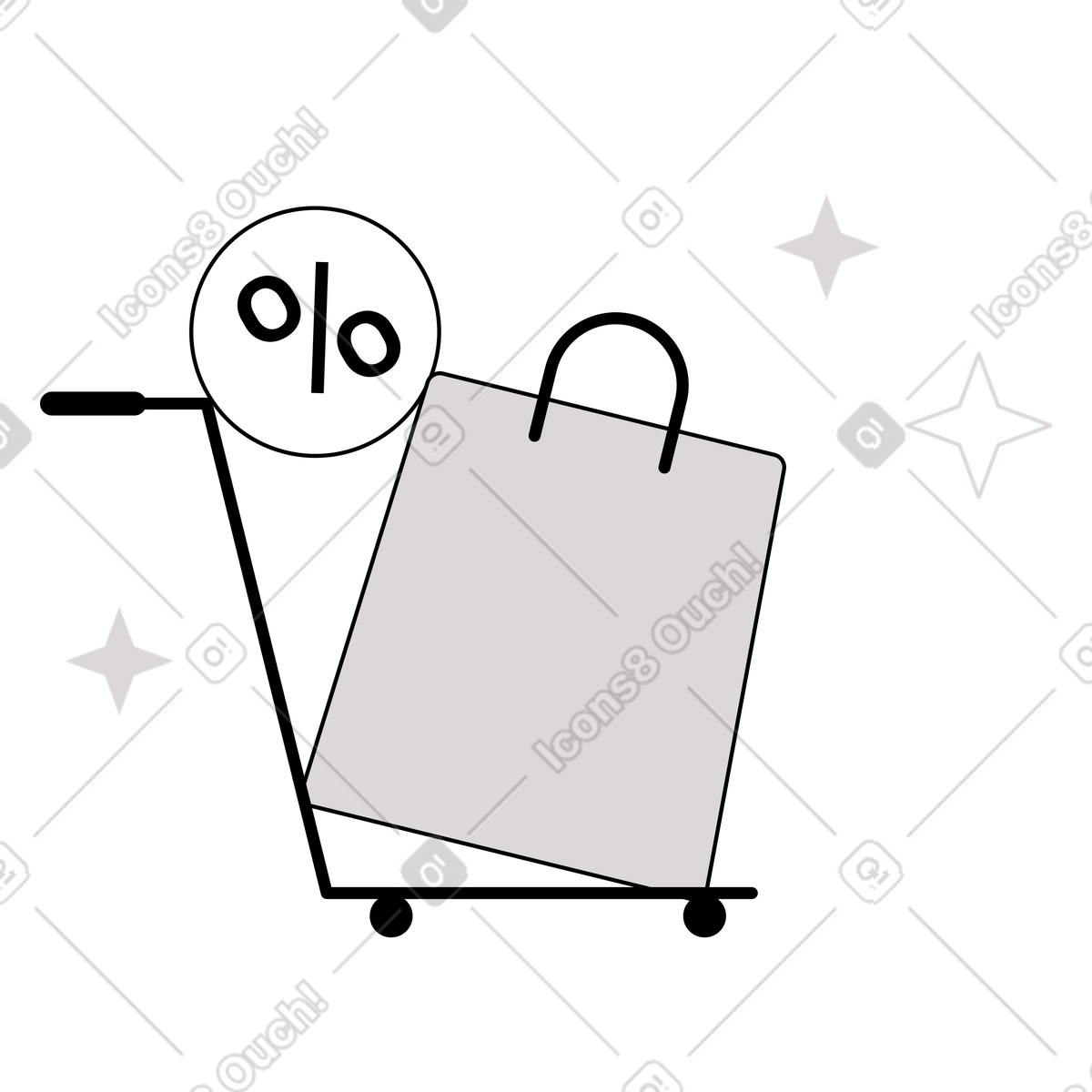 Shade スタイルの Cart with shopping bag and percent symbol, Special offer or discount のイラストをPNG、SVG形式でダウンロード