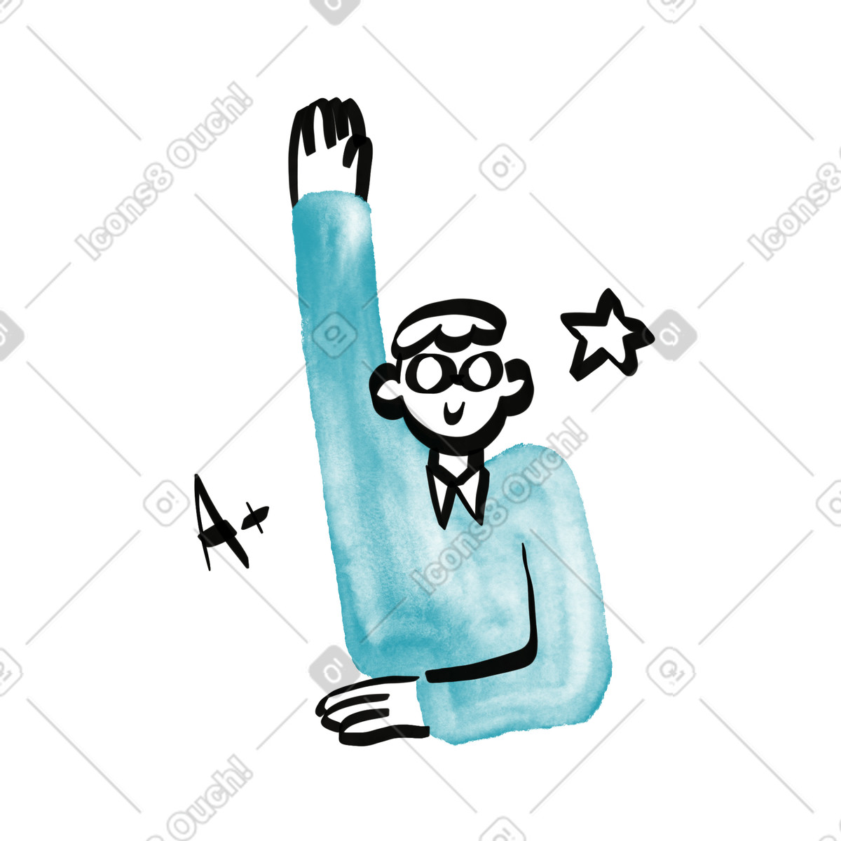 Watercolor sketch 스타일의 Student raising hand answering question with star and a+ symbol 일러스트레이션 PNG, SVG 다운로드