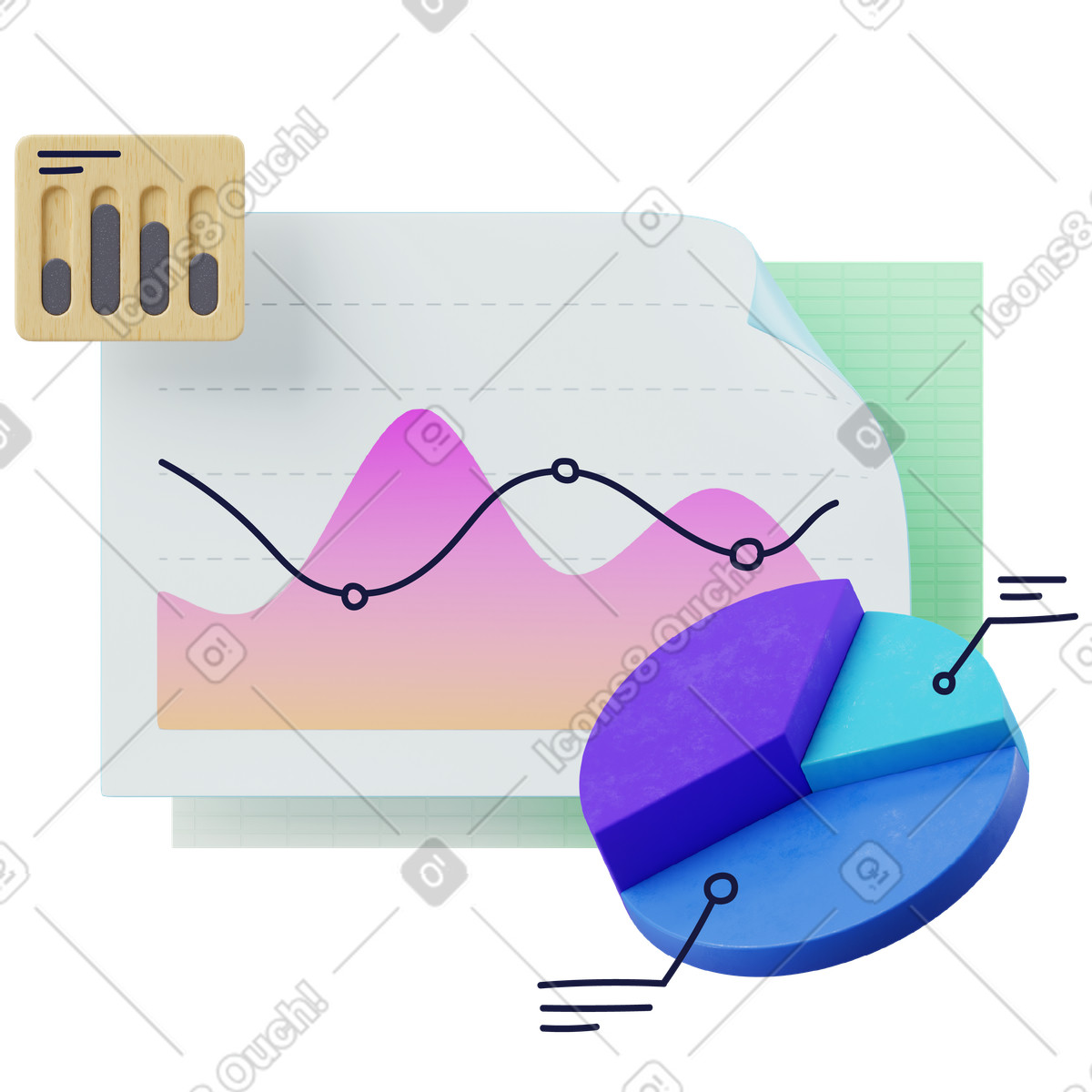 Colorful charts and graphs with pie chart, Business analytics reporting animated illustration in 3D Surfaced style download in GIF, Lottie (JSON), AE