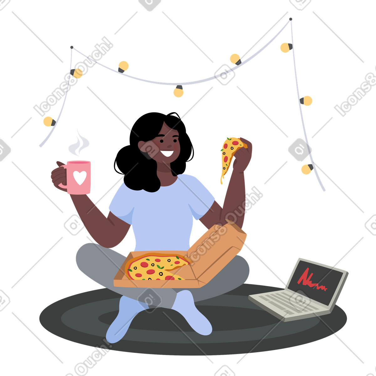 Ilustração de Garota come pizza e assiste filmes em no estilo Lagom para baixar em PNG, SVG