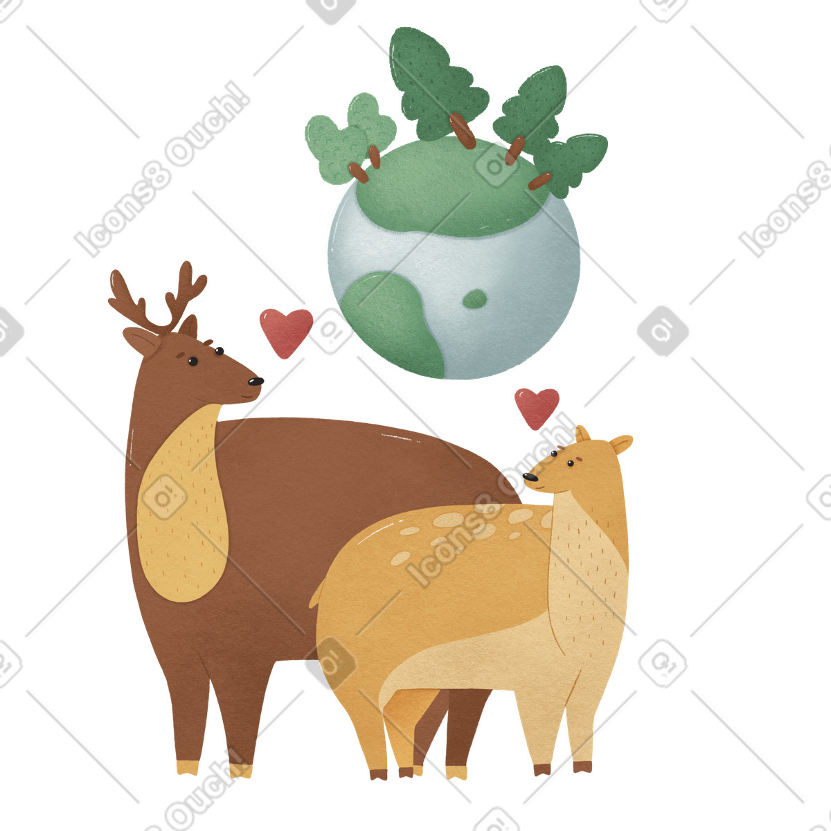 Ilustração de Corça e um cervo apaixonado em pé pelo globo terrestre no estilo Woolly para baixar PNG, SVG