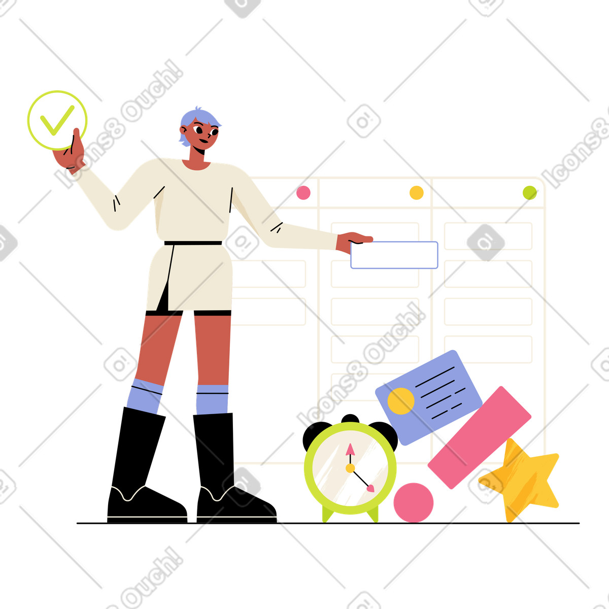 Ilustração de Team member updating task card on kanban board, project organization and prioritization em no estilo Juicy para baixar em PNG, SVG