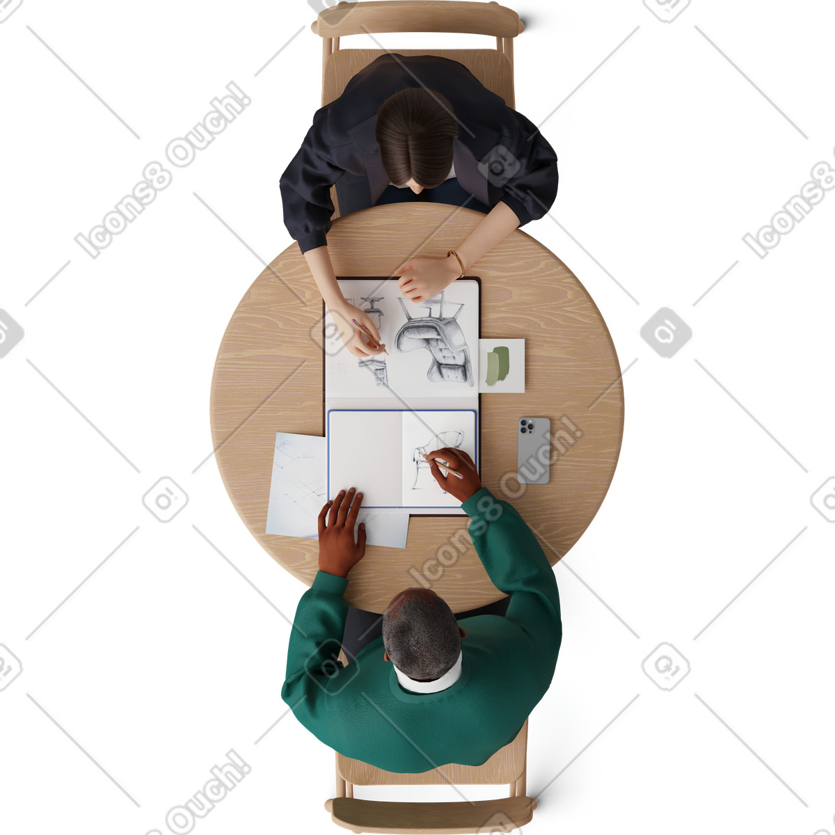 Top view of young woman and man sketching furniture illustration in 3D Hygge style download in PNG, SVG