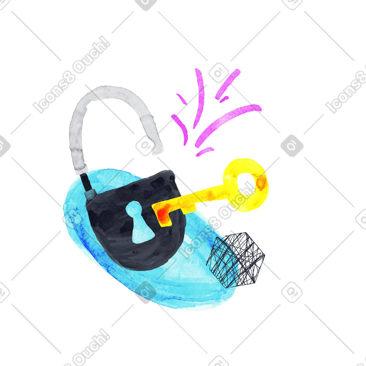 Ilustração de Open padlock with golden key, Secure login or internet security concept em no estilo Inky para baixar em PNG, SVG