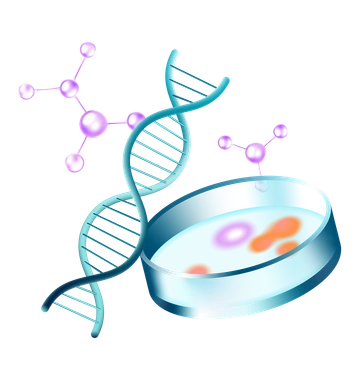 A DNA strand and petri dish with molecules - Glare style illustration