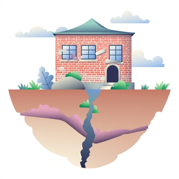 An old building with weathered brick walls and a cracked facade stands prominently. The structure has large, broken windows and a slightly tilted roof, indicating it has experienced significant stress. Beneath the building, a noticeable normal fault is visible, with layers of earth shifted apart and exposed rock. The ground surrounding the fault is uneven, with some sections elevated and others sunken. Sparse vegetation grows in the cracks and crevices of the fault line. Overcast skies loom above, casting a soft light over the scene, highlighting the textures of the building and the geological features below.