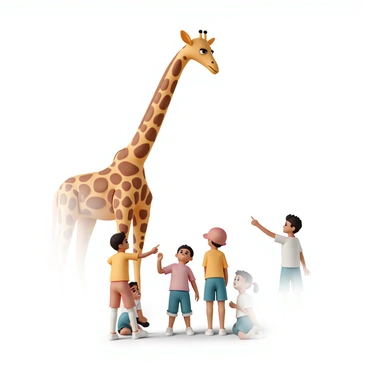 A giraffe, with a distinctly "disgruntled" expression on its face, is stretching its long neck downwards. Its coat features a beautiful pattern of orange and brown patches. Below, a group of four children, wearing colorful t-shirts and shorts, are gazing up at the giraffe in awe. The kids are laughing and pointing, one child wears a red cap, another has pigtails, while the others are crouching to get a better view. The scene captures a moment of curiosity and surprise in a vibrant, sunny environment.
