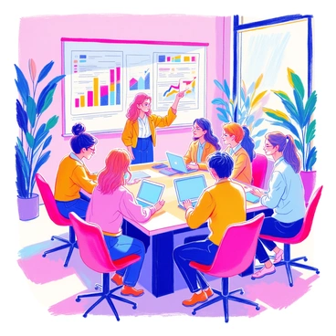 A team of marketers is gathered around a large conference table. They are engaged in an animated brainstorming session. On the wall behind them, there is a whiteboard filled with colorful graphs and charts depicting social media analytics. Each marketer is dressed in professional attire, with one woman pointing to a specific chart on the whiteboard. Others are seated with laptops open, taking notes and sharing ideas. The room is bright with natural light coming through large windows, and there are plants in the corners, adding a touch of greenery to the workspace.