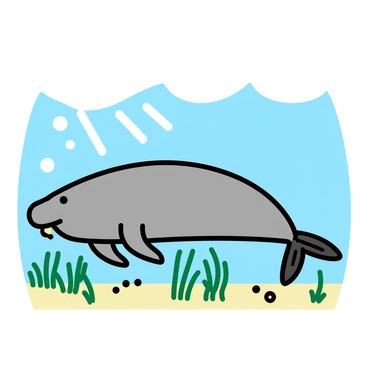 A dugong with a streamlined body and paddle-like flippers is grazing on a thick, green bed of seagrass. The dugong's skin is a mottled grayish-brown, blending subtly with the surrounding environment. Sunlight filters through the water, casting gentle rays that illuminate the seagrass swaying softly with the currents. Bubbles rise as the dugong nibbles, creating small ripples in the water above. The ocean floor is dotted with patches of sand and other marine plants, contributing to the serene underwater scene.