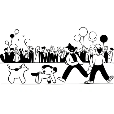 A pet parade with various dogs and cats walking in a line, each wearing unique costumes. One dog is dressed as a pirate, complete with a small hat and an eye patch. Another cat is adorned with a tutu and a bow on its head. A small dog dressed as a superhero has a cape fluttering in the wind. There are balloons and streamers along the path, adding to the festive atmosphere. A crowd of spectators in the background claps and cheers, enhancing the lively scene.