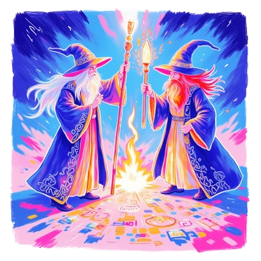 Two wizards are facing each other in an intense magical duel. One wizard has long silver hair and is wearing a dark robe adorned with intricate silver patterns. He raises a staff with a glowing crystal at its tip, channeling energy. The other wizard, with a fiery red beard and a robe of deep blue, holds a wand that emits sparks of light. Both wizards are surrounded by swirling energy and bright magical auras. The ground between them is marked with glowing symbols and runes, indicating the power of their spells. In the background, a stormy sky adds to the dramatic atmosphere.