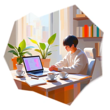 A person with short black hair, wearing a comfortable sweater, is seated at a wooden desk in a cozy home office. The desk is cluttered with a laptop, a tablet, and a smartphone, all displaying various work-related applications. Several empty coffee cups are scattered around, including a steaming cup filled with dark coffee. Natural light filters in through a nearby window, illuminating the workspace and creating a warm atmosphere. The walls are adorned with shelves filled with books and plants, adding to the homely feel of the environment.