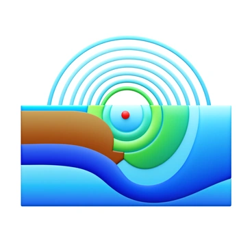 A detailed representation of seismic waves originating from an earthquake epicenter located in a subduction zone. The epicenter is depicted as a small red dot at the center of the image. Surrounding the epicenter, concentric circles illustrate the different types of seismic waves: primary waves and secondary waves radiating outward. Each wave type is distinguished by different colors, with primary waves shown in blue and secondary waves in green. The surrounding geological layers, including tectonic plates and the ocean floor, provide context to the subduction zone. The overall composition emphasizes the dynamic movement and energy of the seismic waves as they spread through the earth's crust.