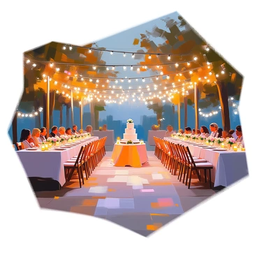 A nighttime outdoor wedding reception is set beneath a beautiful canopy of twinkling fairy lights. Long tables are elegantly arranged with white tablecloths, each adorned with small floral centerpieces featuring soft pink roses and greenery. Guests are seated on wooden chairs, enjoying a warm ambiance created by the glowing lights above. The scene includes a large wedding cake placed on a decorated table, surrounded by candles that flicker gently in the evening breeze. In the background, there are trees softly illuminated by the fairy lights, adding to the romantic atmosphere of the celebration.