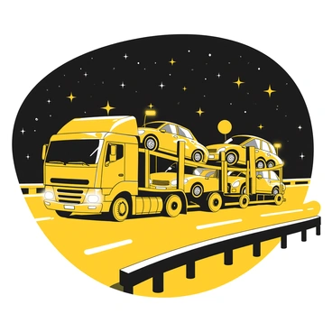 A car carrier truck driving on a highway at night. The truck is illuminated by bright lights, showing several cars loaded onto the carrier. The highway is lined with faintly visible road signs and a guardrail on the side. Above, a starry night sky filled with numerous stars creates a contrasting backdrop. The truck is positioned slightly off-center, creating a sense of motion as it travels down the road.