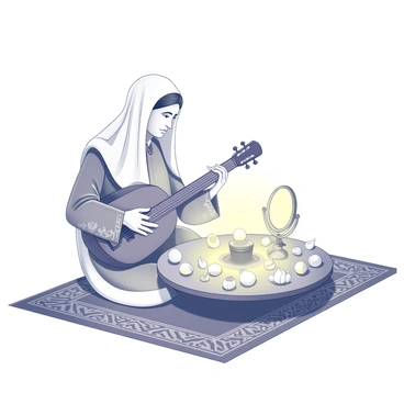 A musician is seated on a traditional Persian rug, holding a setar, a stringed instrument. The musician is dressed in traditional Persian attire, featuring intricate patterns and a flowing design. In front of them, there is a glowing Haft-Sin table elegantly arranged with symbolic items. The table includes a mirror, painted eggs, garlic, seer, and other traditional objects representing spring and renewal. The atmosphere is filled with the rich sound of the setar, creating a vibrant scene that captures the essence of Nowruz celebrations.