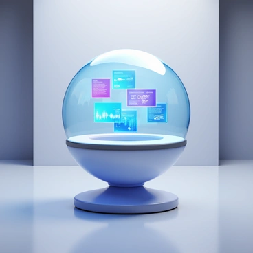 A futuristic cloche with a transparent dome containing holographic displays inside. The holographic displays emit vibrant colors and show various data streams and visualizations. The cloche is positioned on a modern pedestal in a sleek, minimalist room with smooth lines and a polished floor. Soft lighting casts gentle reflections on the cloche, emphasizing its high-tech design.