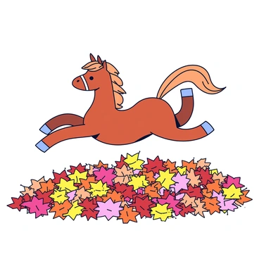 A small horse with a chestnut coat is playfully jumping in a large pile of colorful autumn leaves. The leaves are a mix of red, orange, yellow, and brown, creating a vibrant scene. The horse's mane is slightly tousled, and it appears to be kicking up leaves with its hooves in a joyful manner. Sunlight filters through the trees, casting dappled shadows on the ground around the horse and the leaf pile.