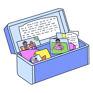 A rectangular time capsule made of shiny metal is being opened. The lid is propped up, revealing a variety of illustrated artifacts inside. These artifacts include a small, colorful drawing of a family picnic, a vintage photograph of a child playing in the park, and a handwritten letter with neatly penned cursive. Each item inside is carefully placed for visibility, showcasing detailed images that represent past memories. The background is minimal to keep the focus on the time capsule and its contents.