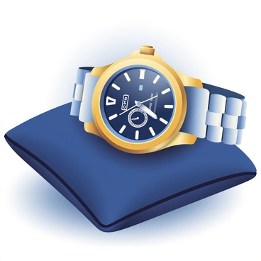 A close-up of a luxury watch is resting on a deep blue velvet cushion. The watch has a gold stainless steel case, and the dial is a rich navy blue with silver hour markers. The watch face features intricate detailing, including a date window and a chronograph function. Soft, warm lighting casts gentle highlights over the watch, accentuating the polished surfaces and the delicate craftsmanship. The cushion has visible texture, contrasting elegantly with the sleek design of the watch.