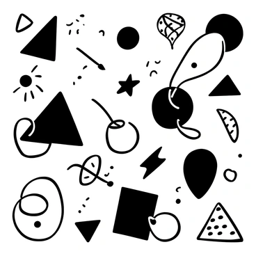 A collection of various geometric shapes, including triangles, circles, and squares, arranged in an overlapping pattern. Some shapes are shown with thick outlines, while others have intricate patterns inside. The composition features dynamic splashes and lines that connect the shapes, creating a sense of movement. Different sizes of shapes are scattered across the canvas, forming a visually engaging layout. The overall arrangement feels energetic and lively, drawing the viewer's attention to the interplay of the shapes.