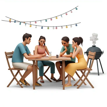 A group of four friends is sitting around a wooden table in a backyard, playing poker during a barbecue. The first friend, a man wearing a blue t-shirt and khaki shorts, has a concentrated expression, his eyebrows furrowed as he stares at his cards. The second friend, a woman in a red tank top and denim jeans, leans back in her chair, trying to suppress a smile, her eyes sparkling with mischief. The third friend, a man wearing a green shirt and black shorts, bites his lip, trying to maintain a serious poker face while glancing at the others. The fourth friend, a woman in a yellow sundress with her hair tied in a ponytail, rests her chin on her hand, looking intently at the table, her expression thoughtful. In the background, a barbecue grill is smoking, and string lights are hanging above, creating a warm atmosphere.