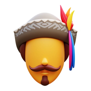 A Renaissance gentleman's face is visible, adorned with a finely crafted feathered hat. The hat is decorated with intricate patterns and features a prominent, colorful feather extending from the side. Below the hat, the gentleman has a curled mustache that adds elegance to his expression. His skin tone is warm, and his facial features are well-defined, showcasing the fashion of the Renaissance period. The background is neutral, focusing on the gentleman's features and hat.