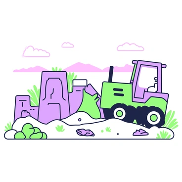 A bulldozer is moving with precision around a cluster of ancient ruins in a desert setting. The bulldozer is painted with clear details, including its tracks and scoop, which is slightly elevated as it maneuvers carefully. Surrounding the bulldozer are partially uncovered stone structures, showcasing intricate carvings and weathered surfaces that hint at their historical significance. A soft layer of sand covers portions of the ruins, with scattered rocks and small shrubs dotting the landscape. In the background, the horizon stretches out with distant dunes under a clear sky.