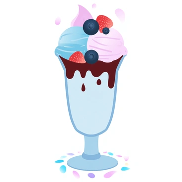 An indulgent ice cream sundae is presented in a tall, clear glass. The sundae features three generous scoops of creamy ice cream, each a different pastel color. A variety of fresh berries, including vibrant red strawberries, deep blue blueberries, and plump blackberries, are scattered atop the ice cream. Rich chocolate sauce is drizzled artistically over the sundae, creating a glossy finish. A sprinkle of colorful confetti adds a playful touch around the base of the glass.