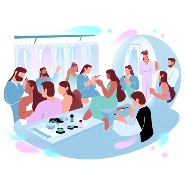 A group of models are preparing backstage at a French fashion week event. The models are dressed in elegant outfits, showcasing a variety of vibrant and pastel colors. Several makeup artists are applying makeup meticulously, surrounded by a range of beauty products and tools. Stylists are adjusting clothes, ensuring every detail is perfect. The atmosphere is bustling with activity, as assistants carry clothing racks filled with exquisite garments. Large mirrors reflect the scene, adding depth to the preparation area. Colorful lights illuminate the space, creating a lively ambiance.